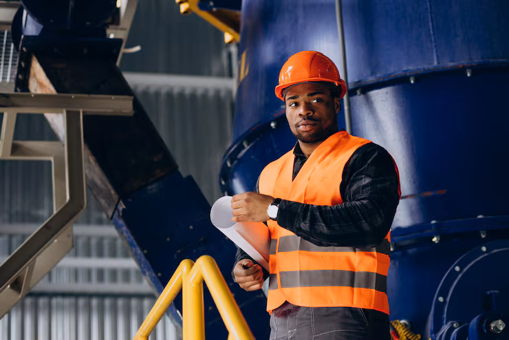 african american worker standing uniform wearing safety hat factory 1303 30614
