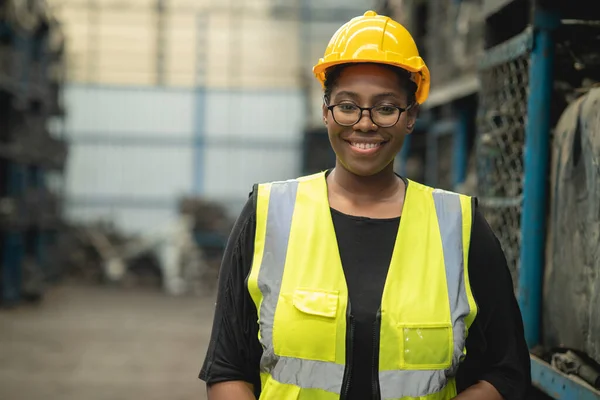stock photo portrait black smart african women worker standing happy smiling factory